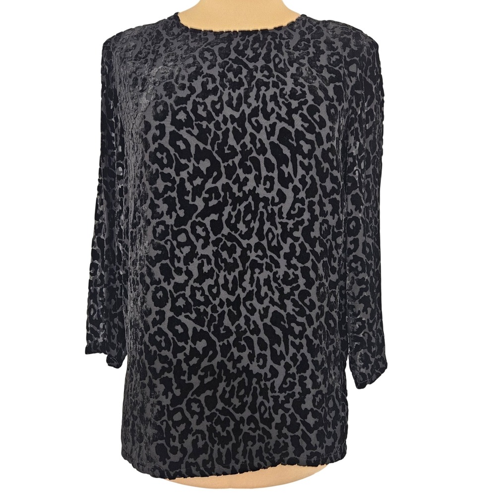 Bloomingdales Black Leopard Print Silk Blend Burnout Velvet Blouse Womens Medium